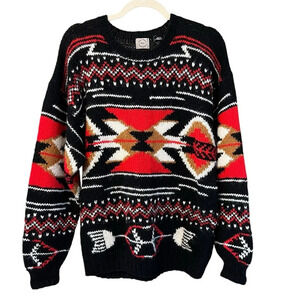Vintage Main Street Outfitters Southwestern Shetland Wool Sweater Black Red VTG